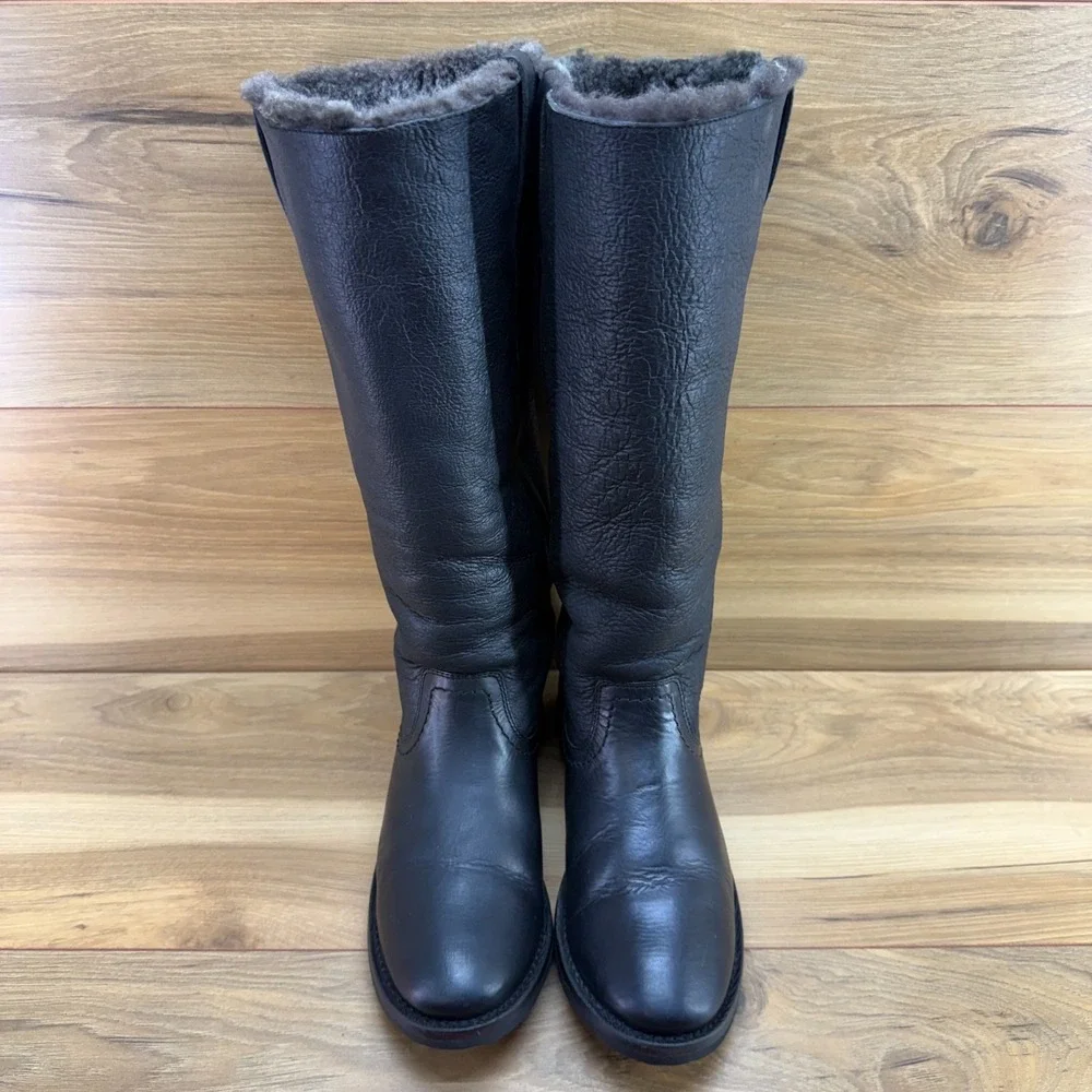 FRYE Veronica Tall Shearling Fur Lined Boots 7 Black Leather Pull On Riding Lug